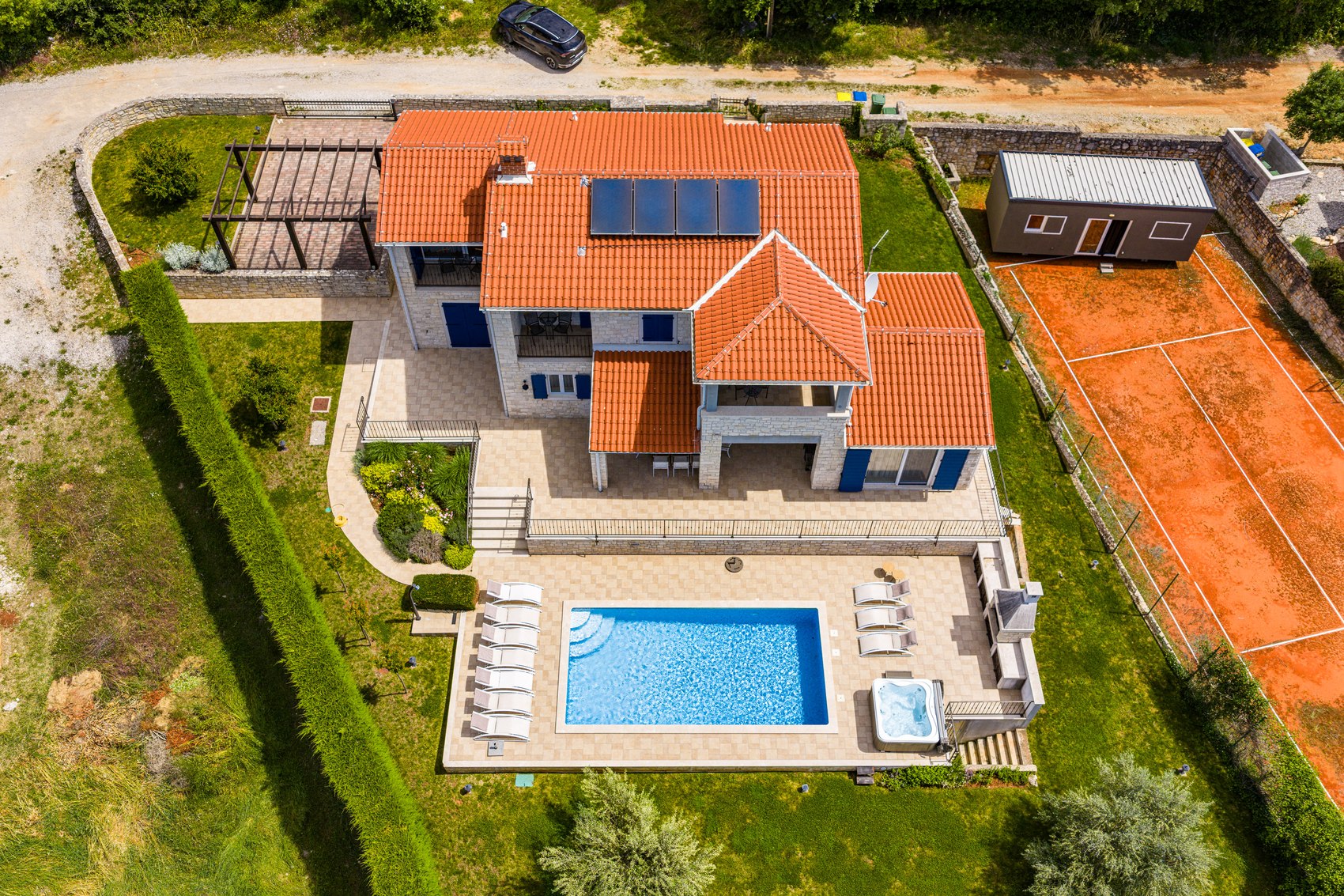 Aerial view of Villa Babudri, pool, garden and surroundings